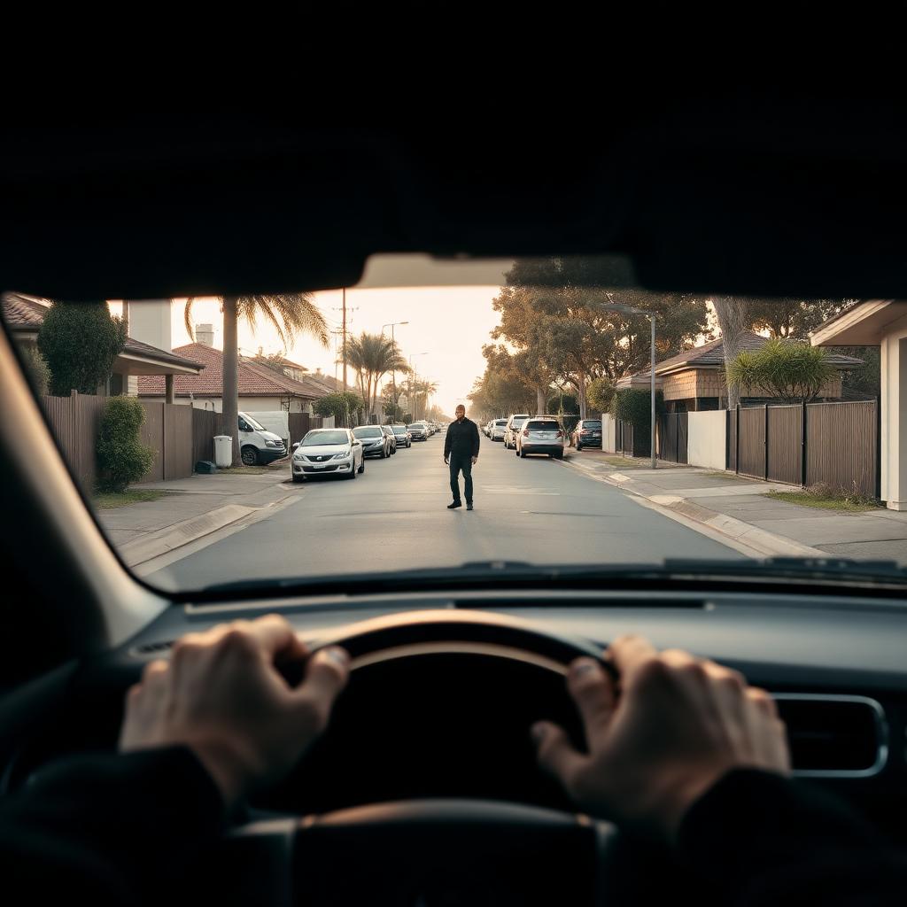 Driver's point-of-view through a windshield showing a pedestrian stepping onto a suburban street between parked cars